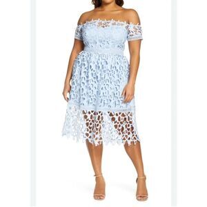 Chi Chi London Bardot Lace Midi Crochet Dress Light Blue Off Shoulders NWT Sz 18